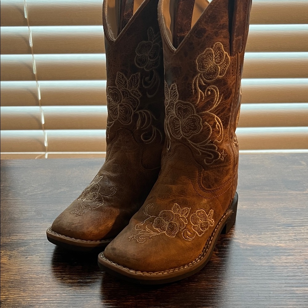 Brown Embroidered Girls Cowboy Boots